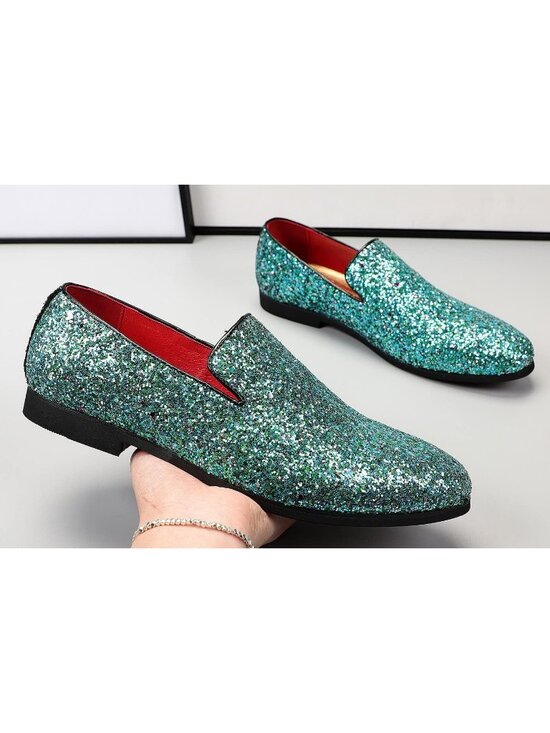 Men\'s Cyan Leather Glitter Sparkly Loafers Slip On Tuxedo Formal Events Shoes